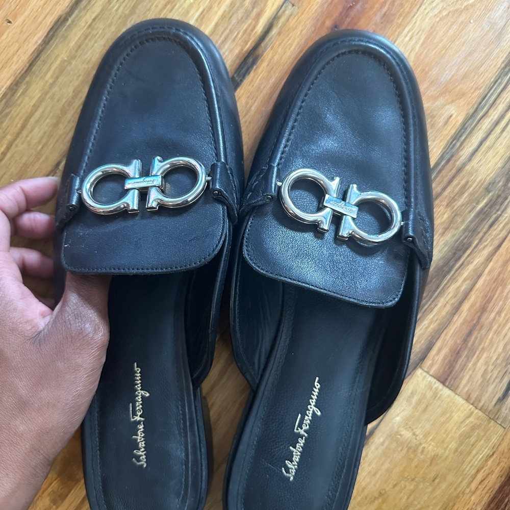 Salvatore Ferragamo Black Leather Flats with Silver Buckle